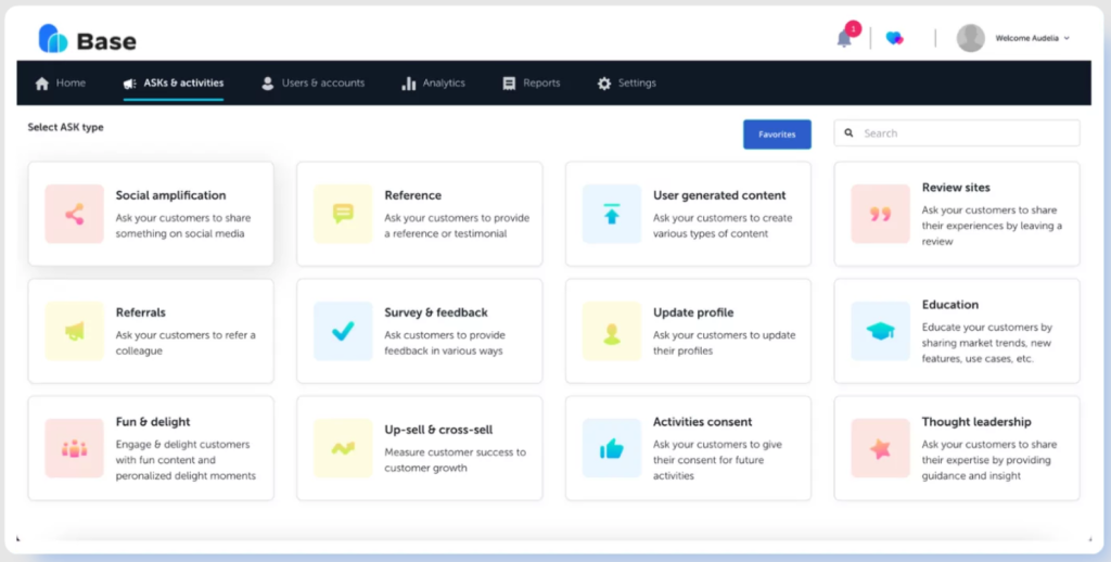 Base platform advocacy activities interface showing ASK types for customer advocacy programs