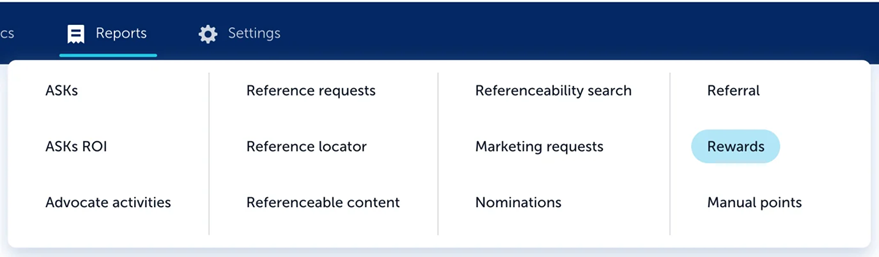 Base platform reporting dashboard showing analytics categories for advocacy activities and ROI