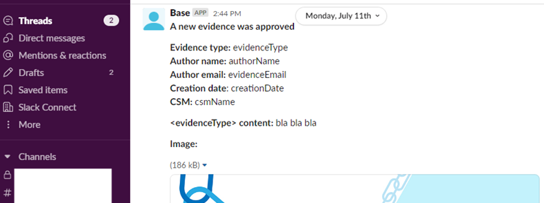 Base advocacy platform Slack integration showing notification for newly approved advocate content